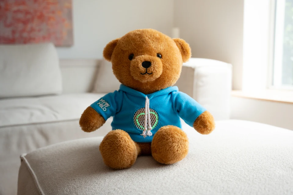 Milo, der Kuschelteddy im blauen Hoodie, sitzt auf einem Sofa